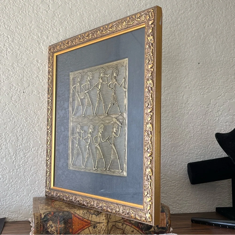 Vintage Dhokra Brass Tribal Wall Art Framed Indian Folk Dancing Figures 13”